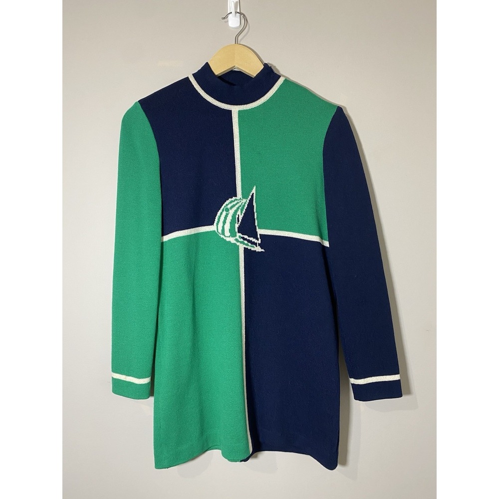 St. John Collection Nautical Knit Tunic Green Navy Sailboat Sweater Petite P